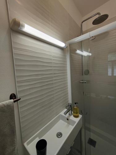 une salle de bain blanche avec un lavabo et une douche dans l'établissement Pépite à 100m de la plage, à Dinard