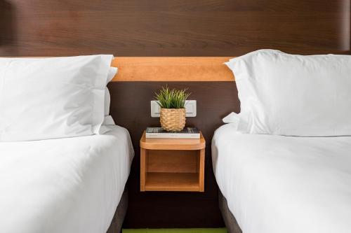 two beds with white sheets and a table with a plant on it at Première Classe Lyon Centre Gare Part Dieu in Lyon