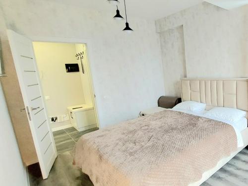 a white bedroom with a large bed and a mirror at Уютные апартаменты в новострое на Ботанике in Chişinău