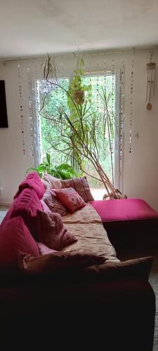 - un lit avec des draps roses dans une chambre avec une fenêtre dans l'établissement Bulle de paix en Provence, à Bras-dʼAsse