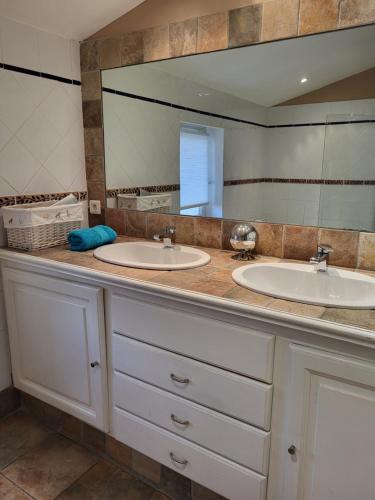 une salle de bain avec deux lavabos et un grand miroir dans l'établissement Grand appartement en Minervois, à Villeneuve-Minervois