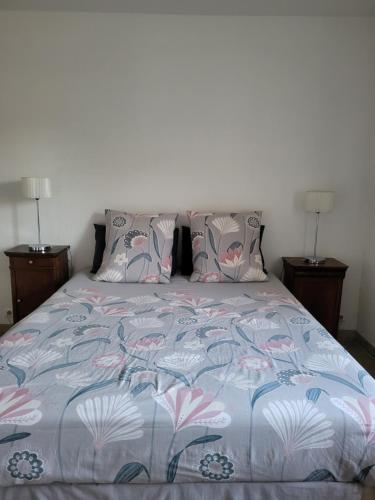 - une chambre avec un lit et 2 tables de chevet dans l'établissement Grand appartement en Minervois, à Villeneuve-Minervois