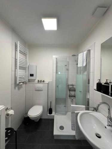Un baño blanco con inodoro y lavabo. en FeWo Seetraum, en Diemelsee