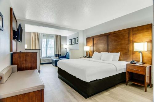 um quarto de hotel com uma cama grande e um sofá em Comfort Suites near I-80 and I-94 em Lansing