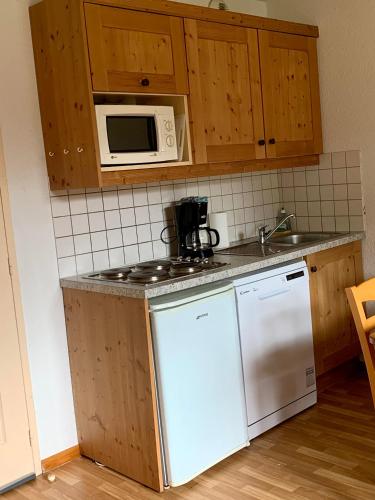 a kitchen with a stove and a microwave at Les granges d'Arvieux vue sur le Queyras in Arvieux