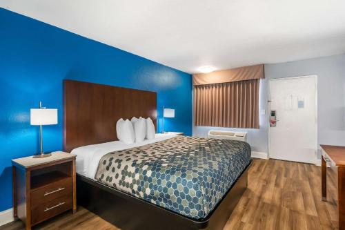 a bedroom with a large bed with a blue wall at Econo Lodge Inn & Suites Virginia Beach - Norfolk in Virginia Beach
