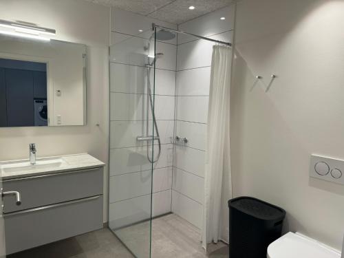 a bathroom with a shower and a sink at Hvide Sande Hotel in Hvide Sande