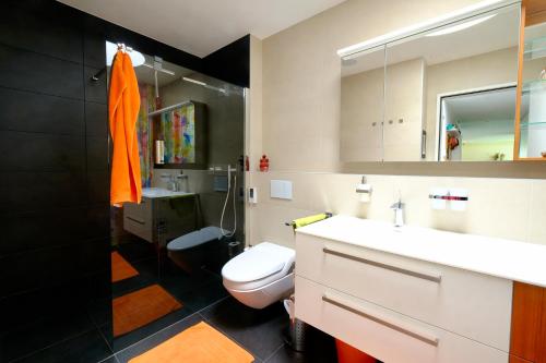 a bathroom with a toilet and a sink and mirror at Room Casa Jessika in Orselina