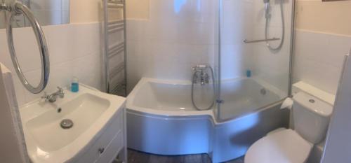 a bathroom with a shower and a toilet and a sink at All Seasons Guest House in Great Yarmouth