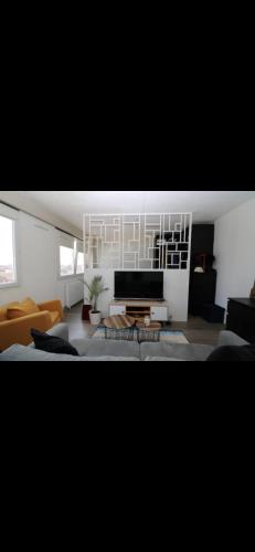 un salon avec un canapé et une télévision dans l'établissement Studio d Exception au Dernier Étage Terrasse et Vue Mer, à Dunkerque