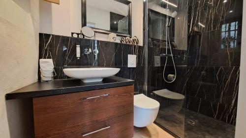 a bathroom with a sink and a shower at LA MAISON CANONIALE luxe et charme au coeur de Tours in Tours