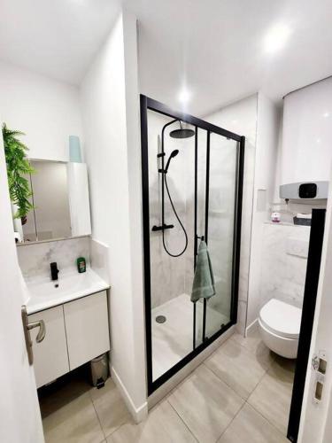 une salle de bain avec une douche, des toilettes et un lavabo dans l'établissement Bonito y Ambientado 10 AA1, à Paris