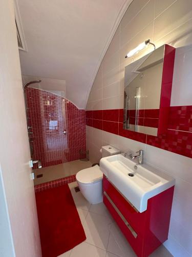 a red and white bathroom with a toilet and a sink at Navy View in Paleo Tsifliki