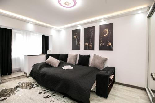 a bedroom with a bed and a black couch at Black&White mountain - ADULTS ONLY in Petroşani