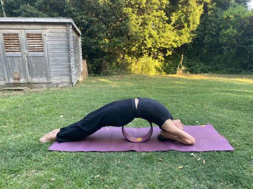 une personne faisant une pose de yoga sur un tapis de yoga violet dans l'établissement Mountain Lodge Corse Odyssée, à Quenza
