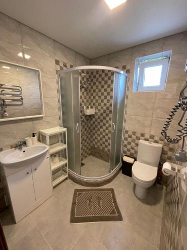 a bathroom with a shower and a toilet and a sink at Ošupio kiemelis in Šventoji