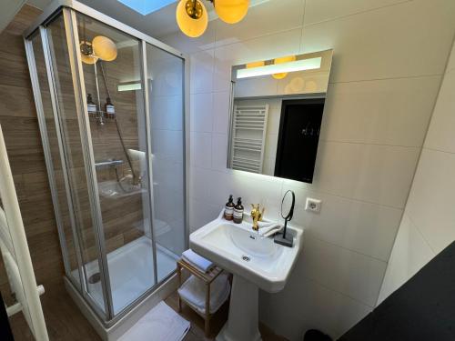 a bathroom with a sink and a shower at Boutique Hotel Johannes in Delft