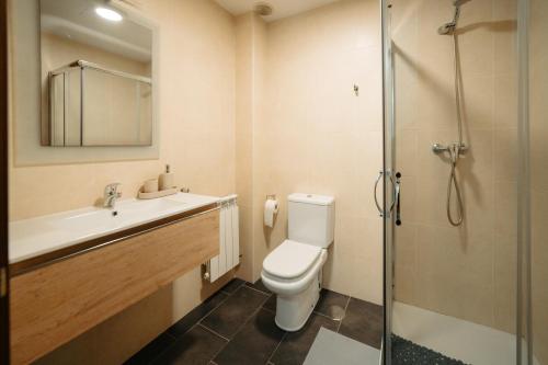 y baño con aseo, lavabo y ducha. en Moderno apartamento en el Camino de Fisterra, en Negreira
