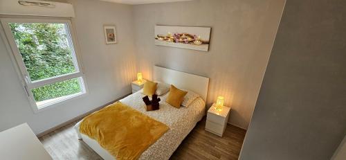 a bedroom with a bed with two lamps and a window at Appartement 2 chambres avec terrasse et garage in Saint-André-lez-Lille