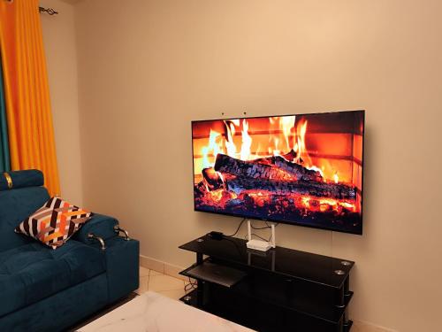 KikuyuRomantic 1Bedroom Gateway in Kinoo的配有平板电视和壁炉的客厅