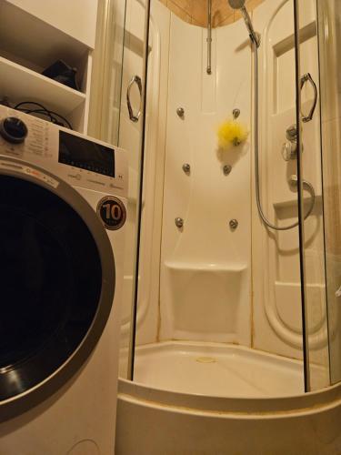 una doccia con porta in vetro accanto a una lavatrice di Apartma Cipresa a Rogatec