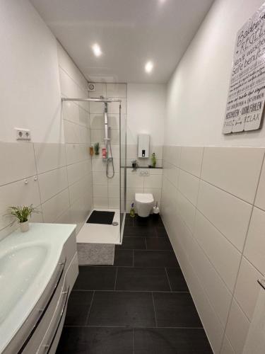 a bathroom with a shower and a sink and a toilet at Ferienhaushälfte Knobloch in Oberhausen