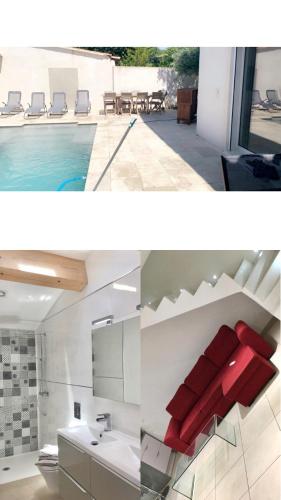 deux photos d'une salle de bains et d'une maison dans l'établissement Luxueuse villa avec piscine région PACA et maison contemporaine, à La Seyne-sur-Mer