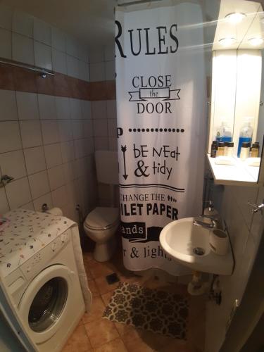 a bathroom with a toilet a sink and a shower curtain at Central AXD in Alexandroupoli