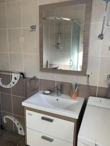 a bathroom with a sink and a mirror at Patrick House in Tivat