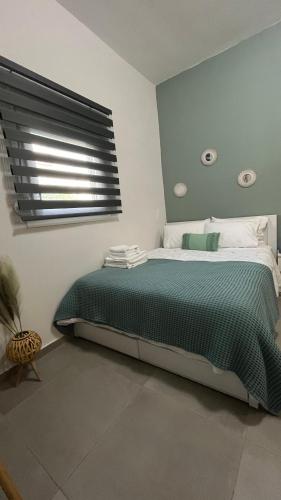 a bedroom with a green bed with a window at Casa di Giovanna in Volos
