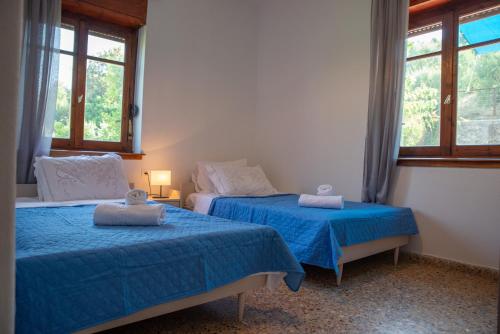 two beds in a room with two windows at Naia House in Chorefto