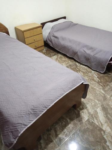 a bedroom with two beds and a night stand at الشقة العائلية الحديثة in Amman