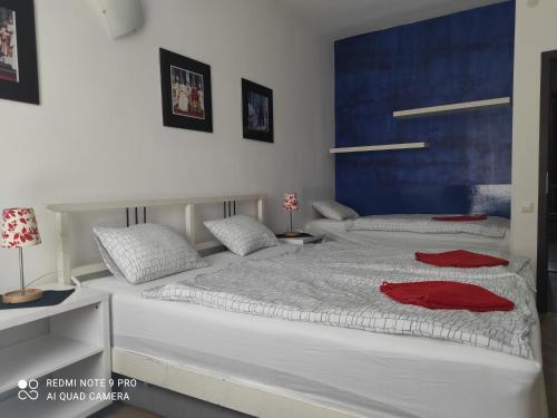 two beds in a bedroom with two red pillows at Apartman Maximilian in Bratislava