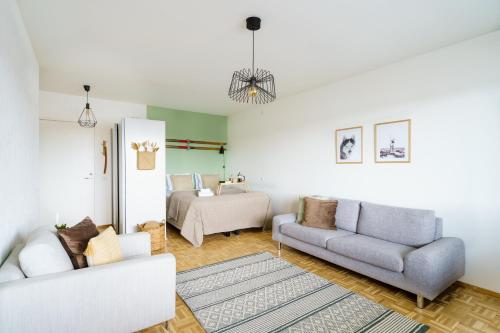 ein Wohnzimmer mit einem Sofa und einem Bett in der Unterkunft Hygge Home in Rovaniemi, free parking and Netflix in Rovaniemi