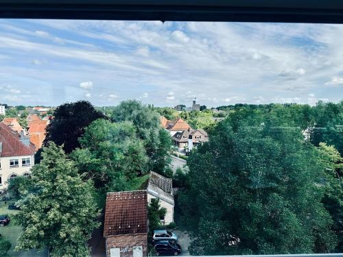 Blick auf eine Stadt mit Bäumen und Gebäuden in der Unterkunft Apartment 360 Grad mit direktem Blick aufs Schloss in Steinfurt