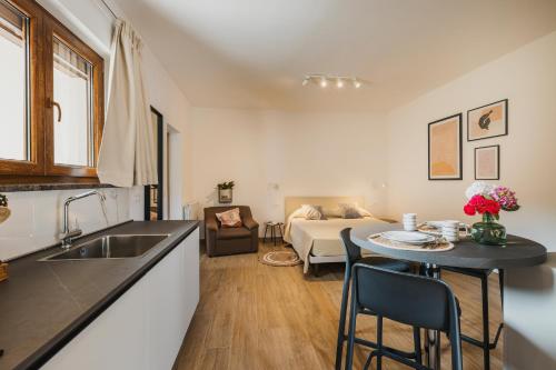 een keuken en een woonkamer met een wastafel en een tafel bij Apartments Olea in Novigrad Istria