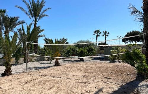 a volleyball net on a sandy beach with palm trees at Stunning Home In La Marina, Elche in La Marina