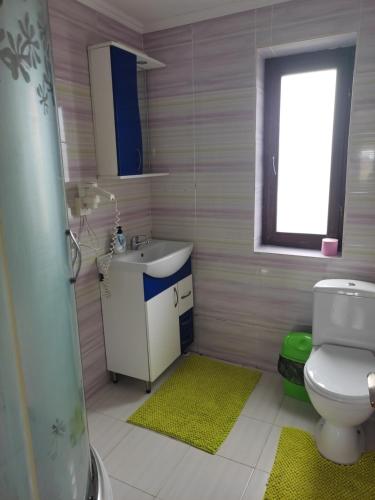 a bathroom with a toilet and a sink and a window at Сімейний куточок in Svityazʼ