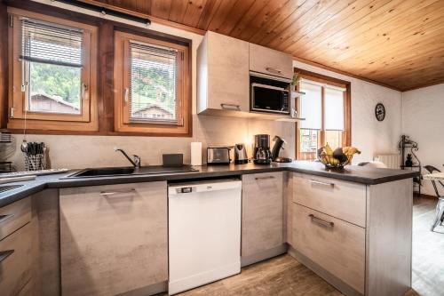 a kitchen with stainless steel appliances and wooden ceilings at Appartement chalet - Le Caribou in Morzine