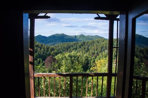 a view of the mountains from a window at Vila Zora in Dobrna