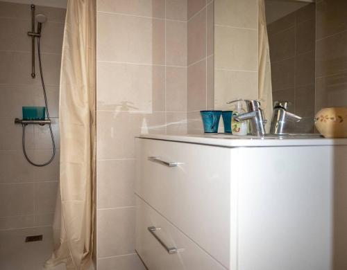 une salle de bain avec un lavabo et une douche dans l'établissement la maison de pors termen, à Trébeurden