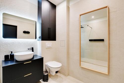 une salle de bain avec un lavabo, des toilettes et un miroir dans l'établissement Magnifique Studio Montorgueil, à Paris