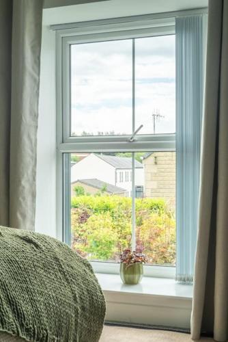 a window in a bedroom with a plant on a window sill at The Station Inn Apartment in Yeadon