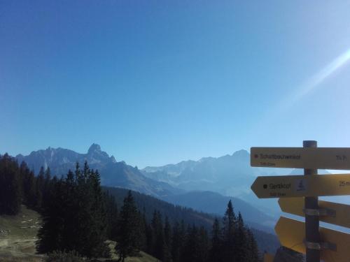 a wooden sign with direction signs on a mountain at Neudegghof in Eben im Pongau