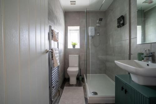 a bathroom with a sink and a toilet and a shower at The Station Inn Apartment in Yeadon