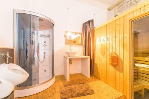 uma casa de banho com um lavatório e um chuveiro. em Dresden Lofts em Heidenau