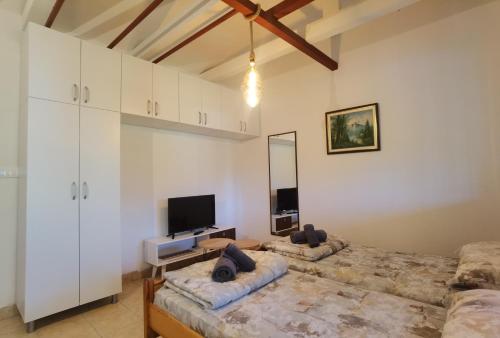 Una sala de estar con dos camas y un televisor. en Cele's Garden, en Ohrid