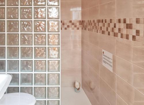 La salle de bains est pourvue d'une douche avec des blocs de verre sur le mur. dans l'établissement 3 bedrooms house at El Golfo Lanzarote 500 m away from the beach with furnished terrace and wifi, à El Golfo