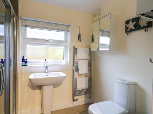 a bathroom with a sink and a toilet and a window at Compass Cottage in Aldeburgh