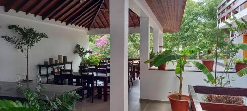 a dining room with tables and chairs and plants at Hotel Viajante in Tarrafal